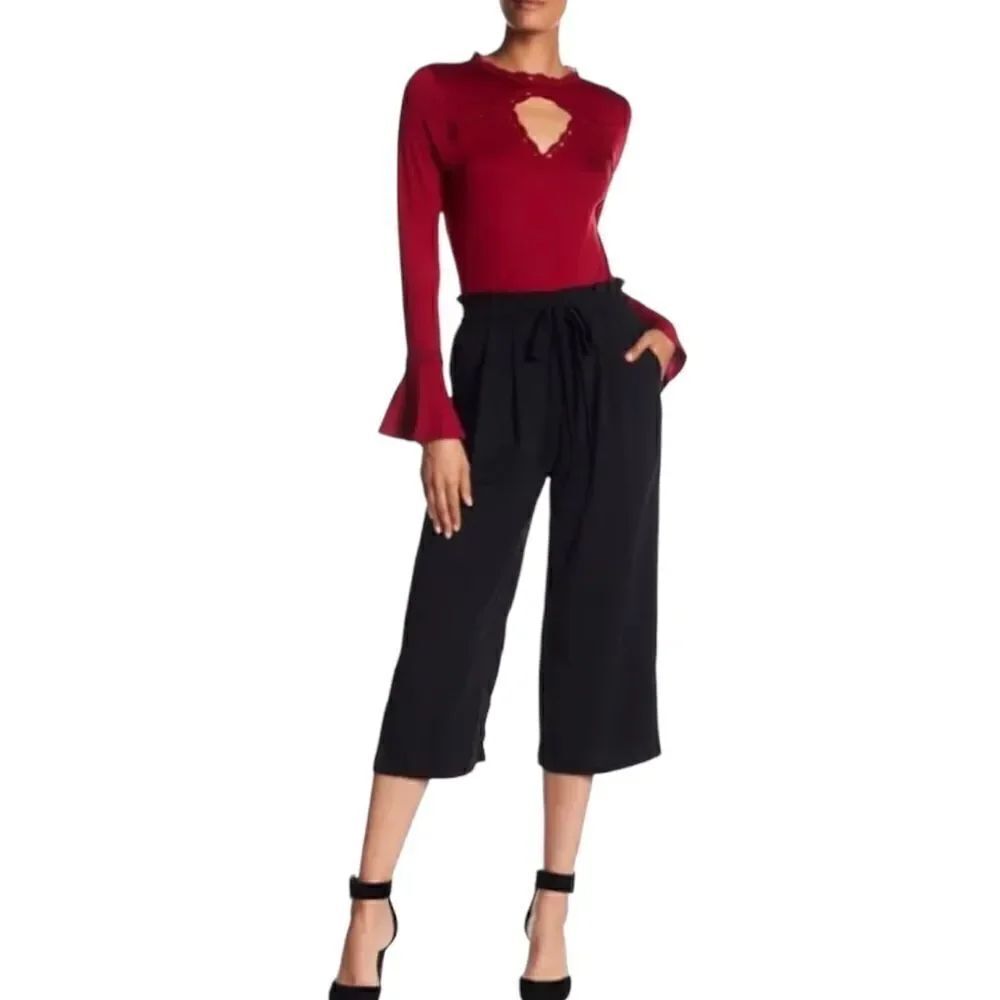 Adrianna Papell Women's Black Pleated High Waist Wide Leg  Culotte Crop Pants 8